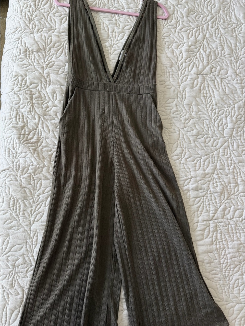 Sienna Sky Olive Ribbed Deep V-Neck Wide-Leg Jumpsuit